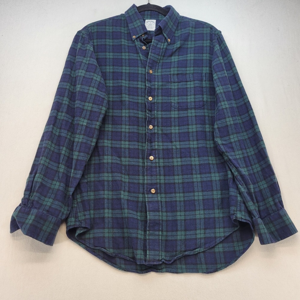 Brooks Brothers Flannel Shirt Mens M Blue Green Plaid Regent Button Down